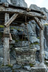Poster - Traditional well with a bucket hanging from it, suitable for various concepts