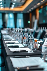 Poster - A long table with water bottles and place settings, suitable for dining or event concepts