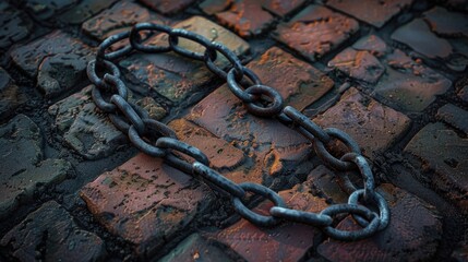Poster - A chain is securely fastened to a brick wall. Suitable for industrial or security concepts