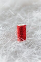 Poster - A spool of red thread on a pile of white feathers, perfect for creative projects