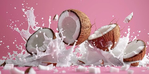 Aufkleber - Coconuts with milk splashing on pink surface. Great for tropical beverage concept