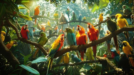 Poster - Colorful parrots perched on a tree branch, suitable for nature themes