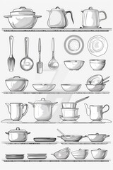 Poster - A collection of kitchen utensils neatly arranged on a shelf. Perfect for home decor or cooking websites