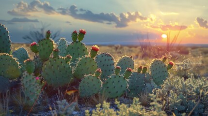 Poster - A cactus plant in a field with the sun setting in the background. Ideal for nature and desert-themed designs