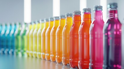 Poster - Various colored soda bottles lined up on a table, suitable for beverage or party concepts