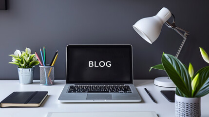 Wall Mural - A laptop with the word 'BLOG' on the screen is placed on a desk surrounded by stationery and plants.