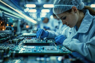 Poster - Woman working on computer motherboard, suitable for technology concepts