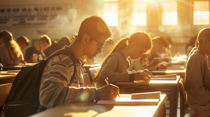 Poster - Students are concentrated on writing in a sunlit classroom.