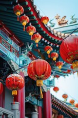 Aufkleber - A bunch of red lanterns hanging from a ceiling. Suitable for various decorative purposes