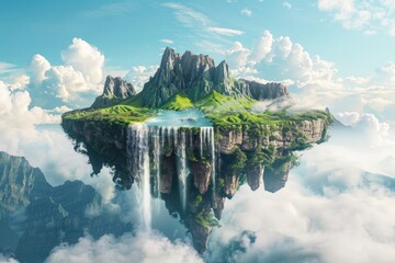 Poster - A stunning image of an island floating in the air with a beautiful waterfall. Perfect for fantasy or nature concepts
