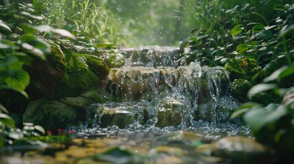 Poster - A serene scene of a small waterfall in a lush green forest. Ideal for nature and relaxation concepts