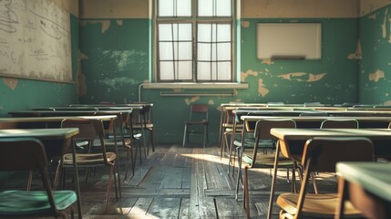 Poster - A classroom filled with rows of desks and chairs, suitable for educational concepts
