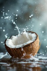 Poster - A ripe coconut with water splashing out of it, perfect for tropical-themed designs