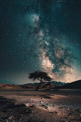 Aufkleber - A lone tree standing in the middle of a vast desert landscape. Suitable for nature and climate change concepts