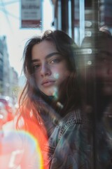 A woman with long hair standing in front of a window. Suitable for lifestyle and fashion concepts