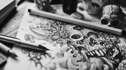 Wall Mural - Detailed drawing of a skull and pencil on a wooden table. Suitable for art and education projects