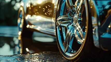 Poster - Detailed view of a car tire on a wet road. Suitable for automotive and transportation concepts