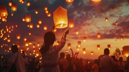 Aufkleber - A woman holding up a sky lantern. Great for festive celebrations