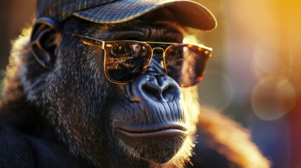 Aufkleber - A close up of a gorilla wearing sunglasses and a hat. Perfect for summer-themed designs