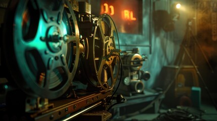 Poster - An antique movie projector with a clock displayed on top. Suitable for illustrating time management concepts