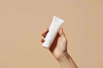 Poster - Close-up of a person holding a tube of cream. Suitable for beauty and skincare concepts
