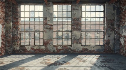 Poster - Interior of a room with a window and brick wall. Suitable for real estate or architecture concepts