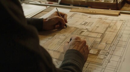 Poster - A man focused on drawing a house blueprint. Ideal for construction and architecture concepts
