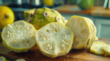 Poster - Fresh sliced fruit on a wooden cutting board, perfect for food and healthy lifestyle concepts