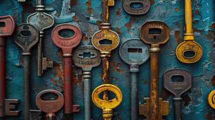 Poster - A collection of old rusty keys hanging on a blue wall. Suitable for various concepts and designs
