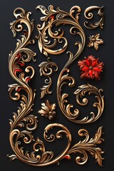 Aufkleber - Elegant gold and red floral design on a black backdrop, perfect for luxury and festive themes