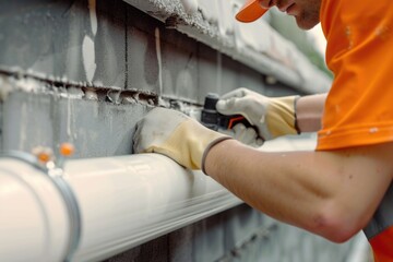 Wall Mural - A man in an orange shirt fixing a pipe. Suitable for home improvement projects