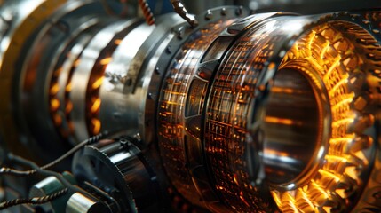 Poster - Detailed image of a metal object illuminated by a yellow light, suitable for industrial or technology concepts