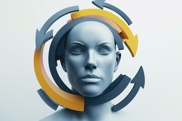 Poster - A mannequin head with arrows pointing in different directions. Suitable for business strategy concepts