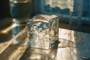 Poster - A clear ice block resting on a table. Suitable for various concepts