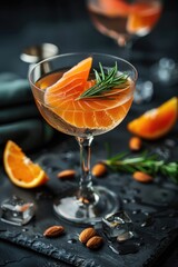 Poster - Fresh orange slices and aromatic rosemary in a glass, perfect for food and beverage concepts