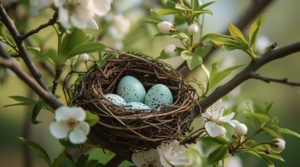 Spring nest with speckled eggs amid blossoms