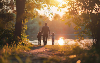 Man and his two children are walking along path in park near lake. Scene is peaceful and serene, with sun shining brightly overhead. Family is enjoying leisurely walk together