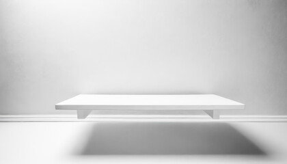 Fototapete - A white shelf with a white wall behind it. The shelf is made of wood with free space as a podium for product presentation