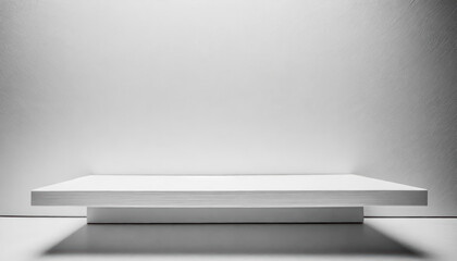 Aufkleber - A white shelf with a white wall behind it. The shelf is made of wood with free space as a podium for product presentation