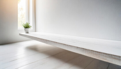 Fototapete - A white shelf with a white wall behind it. The shelf is made of wood with free space as a podium for product presentation