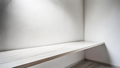 Fototapete - A white shelf with a white wall behind it. The shelf is made of wood with free space as a podium for product presentation