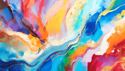 Poster - A colorful painting with a blue and yellow line. The painting is abstract and has a lot of gold and red colors& Abstract Colorful acril Background