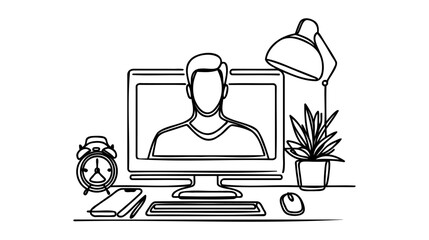 Workplace in continuous one line art style. Office desk with monitor. Simple vector illustration.