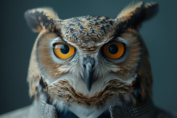 Poster - a person in a business suit with an owl's head, illustrating wisdom and intelligence in managerial r