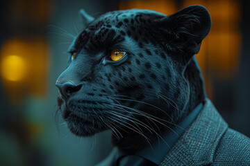 Poster - A suited figure with a panther's head, symbolizing adaptability and stealth in navigating the corporate landscape. Concept of strategic maneuvering. Generative Ai.