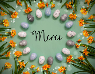 Wall Mural - Easter Egg Decoration, Spring Flowers, French Text Merci Means Thank You