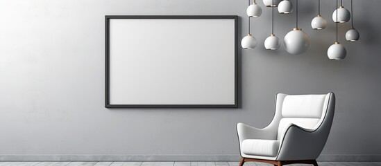 Poster - A white chair placed in a room featuring a blank picture frame on the wall