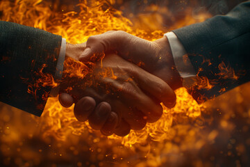 Sticker - A firm handshake against a backdrop of swirling flames, representing the intensity and strength in business partnerships. Concept of resilient business relations. Generative Ai.