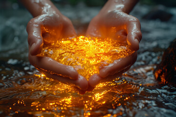 Poster - a surreal landscape with a river of liquid gold flowing between two hands, symbolizing abundance and