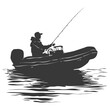 Silhouette fisherman fishing using inflatable boat